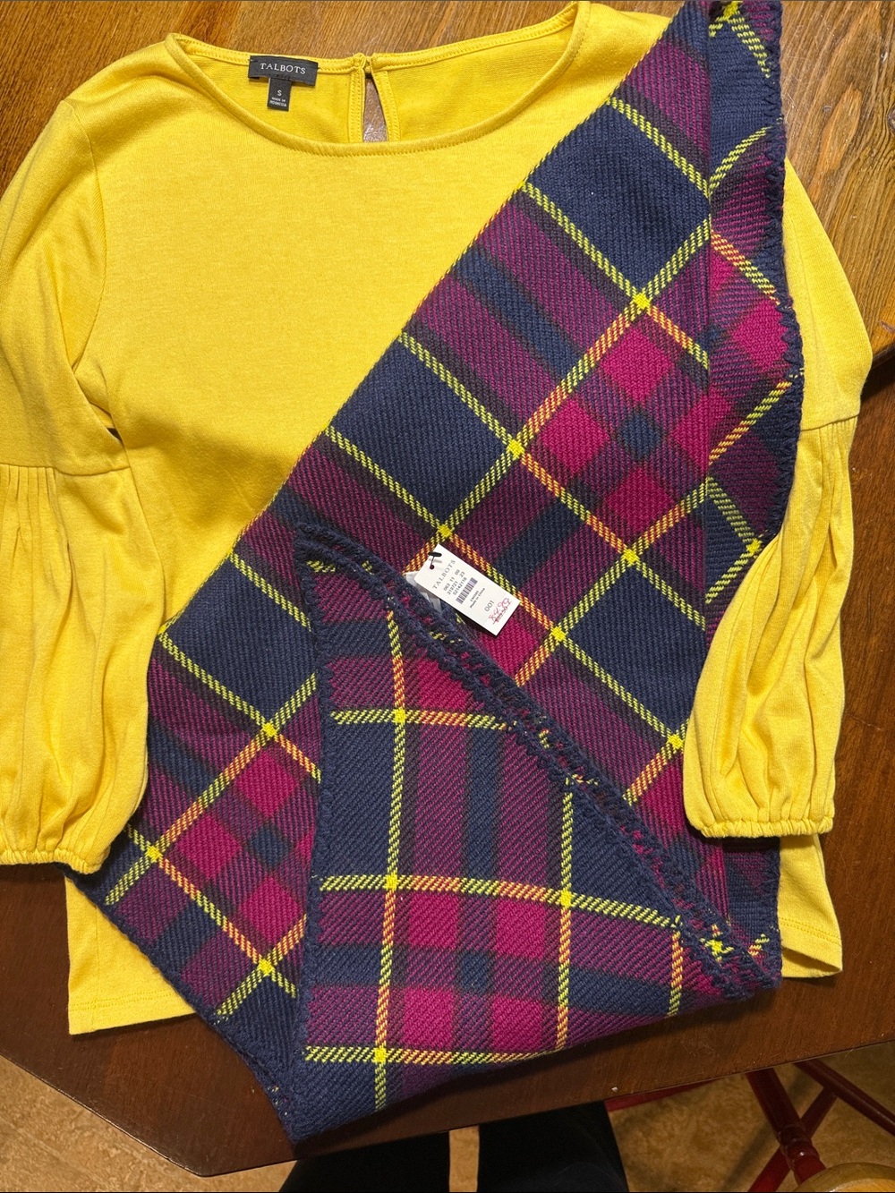 Talbots Girls' Bright Yellow Puff-Sleeve Top with Navy & Berry Plaid Accent